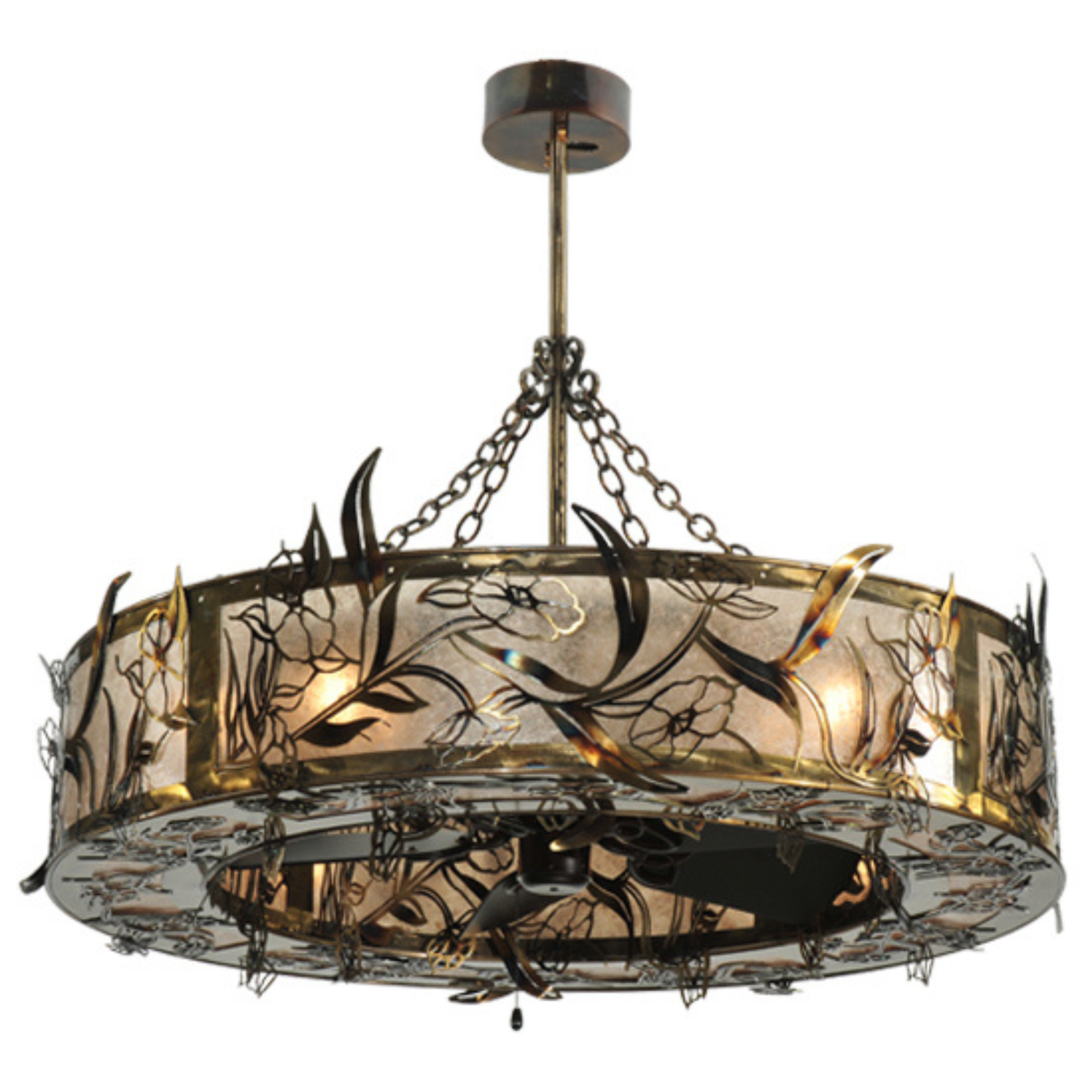 Lady Slipper Chandel-Air front view lit showing floral metal design.