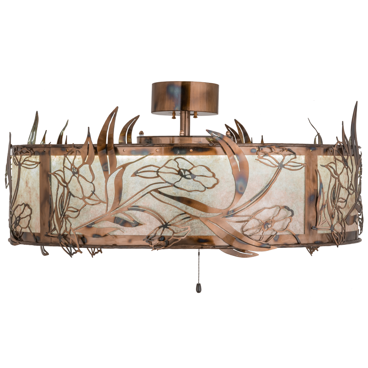 Side lit view highlighting floral cutouts and soft mica glow.