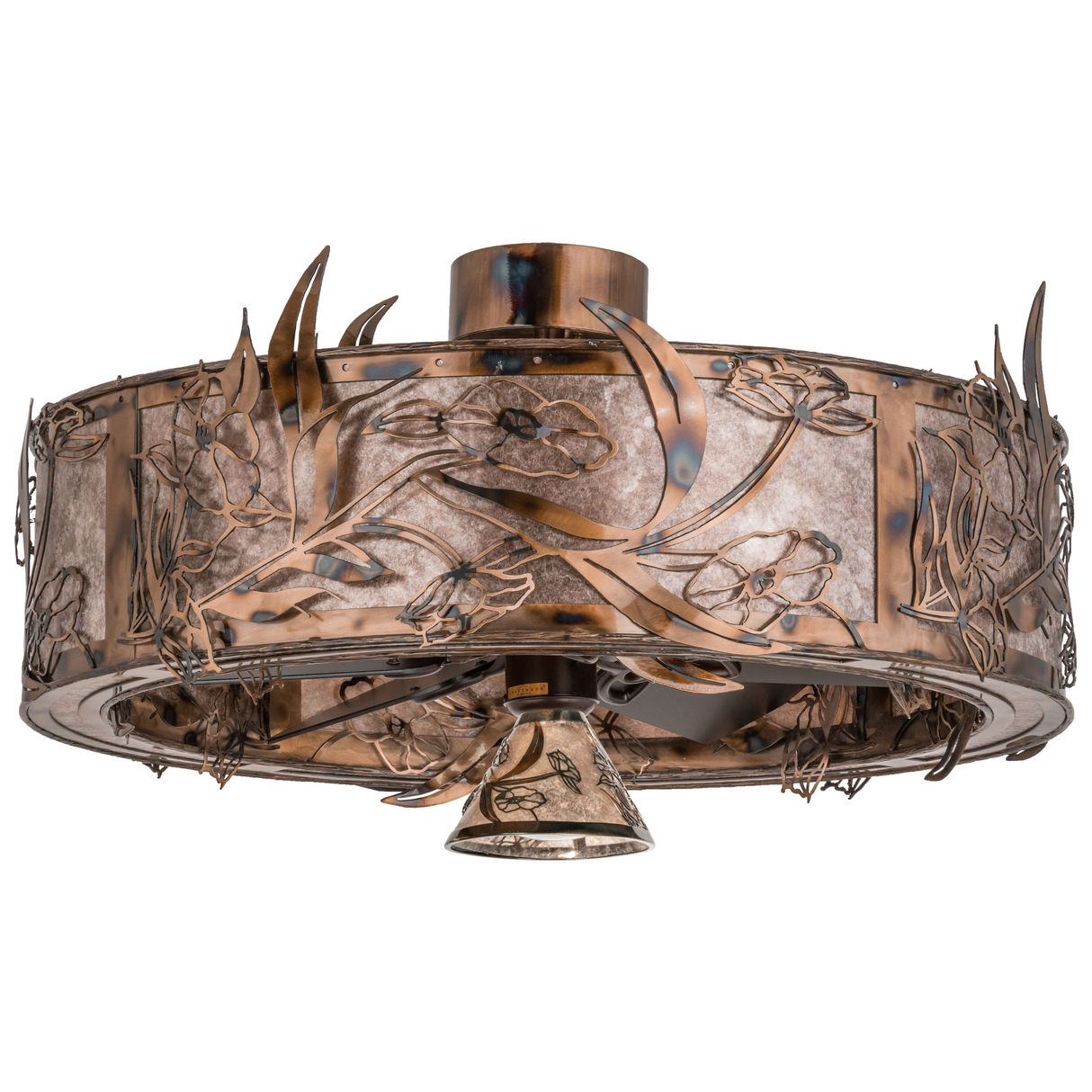Unlit front angle view highlighting floral metalwork and mica panels.