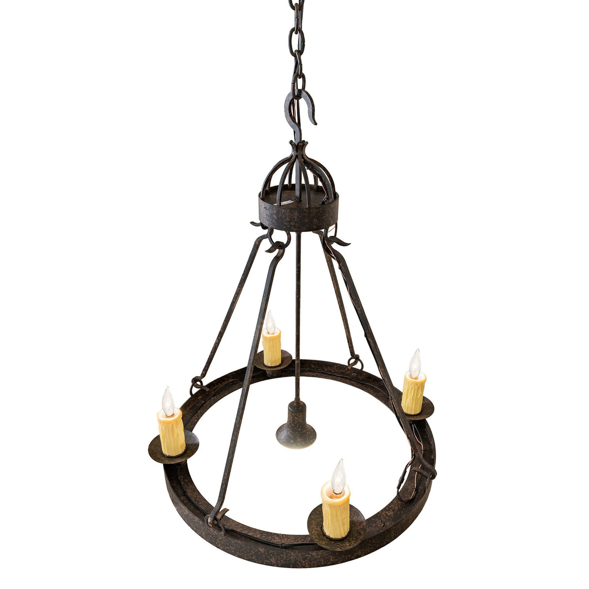 Top angle view of 4 light chandelier highlighting upper frame, chain, and hanging hardware.