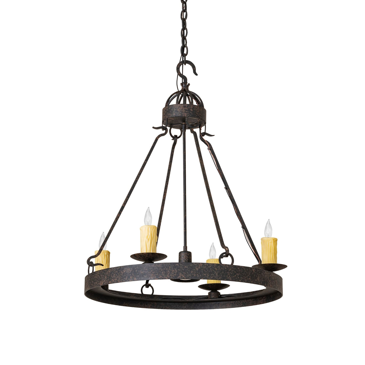 Unlit view of Lakeshore 4 light chandelier featuring circular metal frame and candle holders.