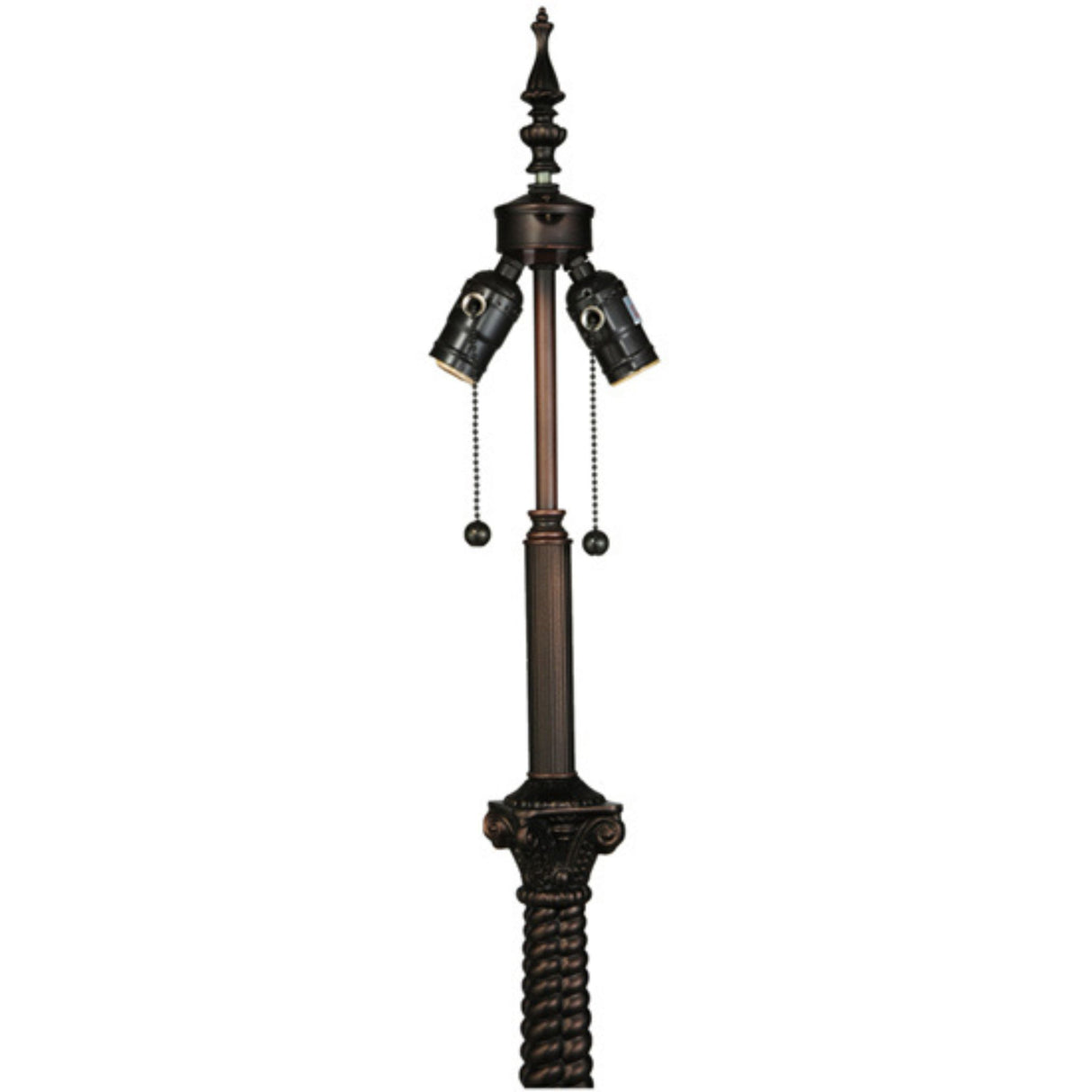 Close-up of lamp socket area with dual pull chains and ornate finial.