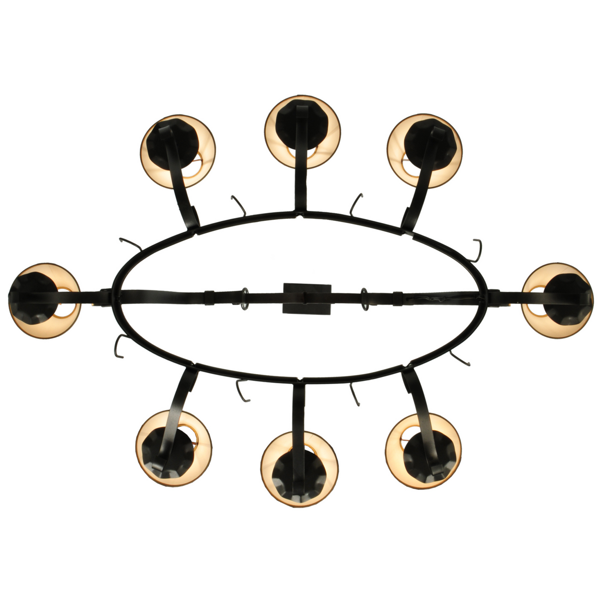 Bottom view of Laramie chandelier showing symmetrical candlelight arrangement.