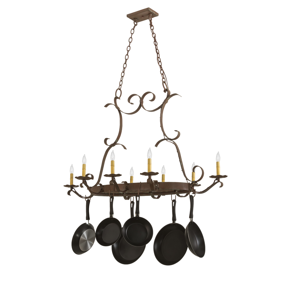 Rustic Laramie chandelier with cookware hooks, angled view.