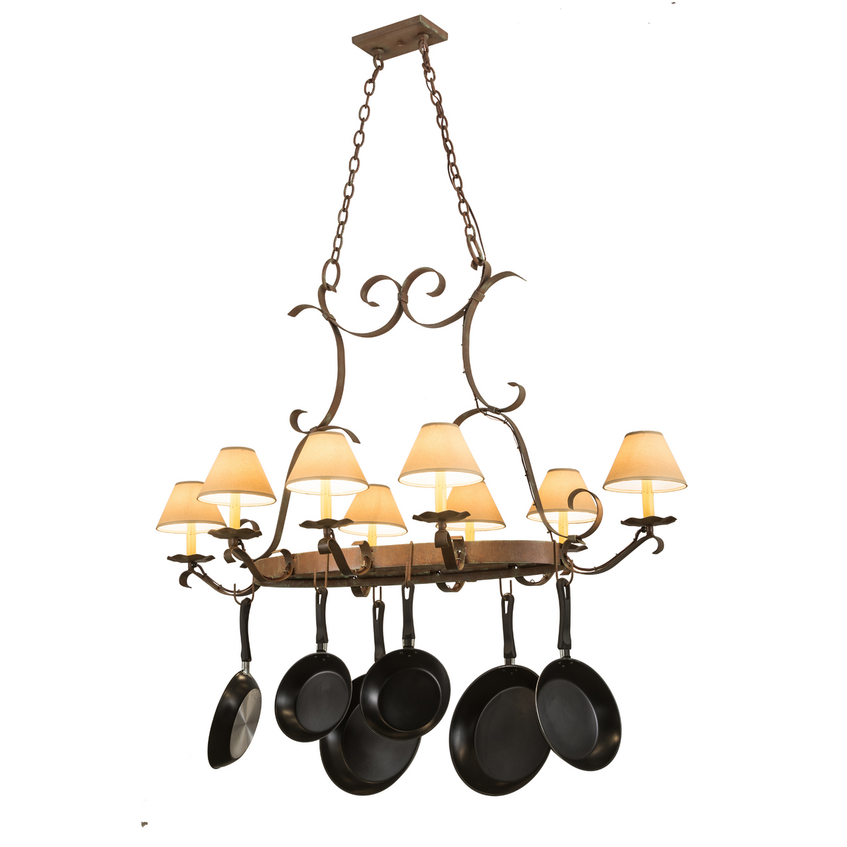 Side view of lit Laramie 8-light chandelier with hanging pots.