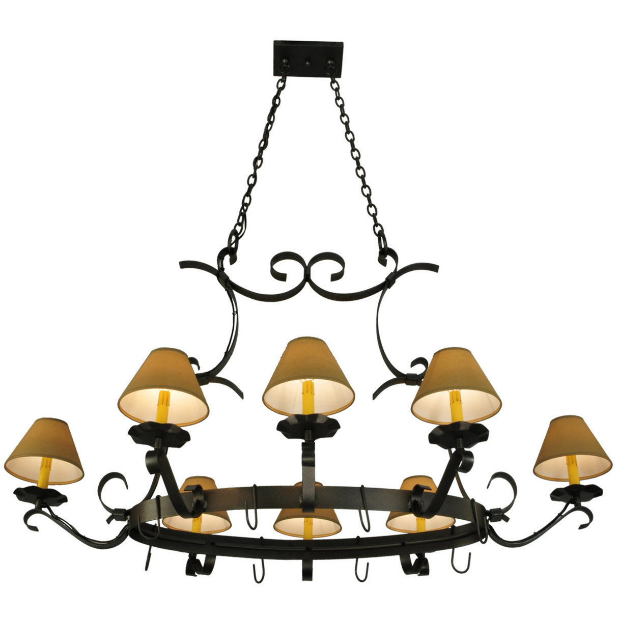 Oval view of Laramie 8-light pot rack chandelier with soft ambient glow.