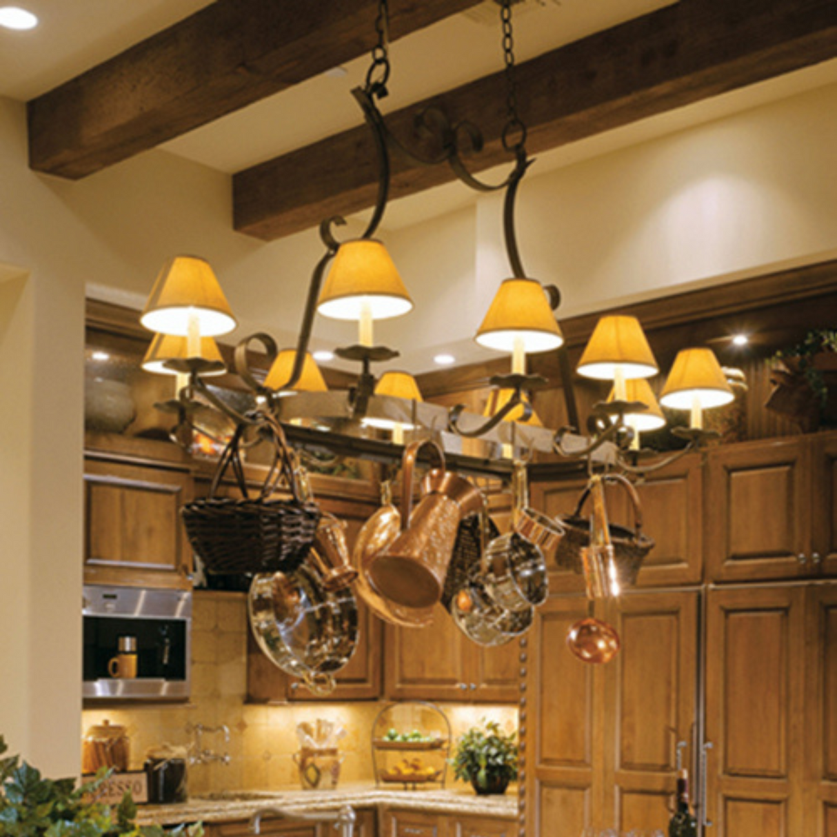 Laramie 8-light pot rack chandelier with parchment shades in kitchen.