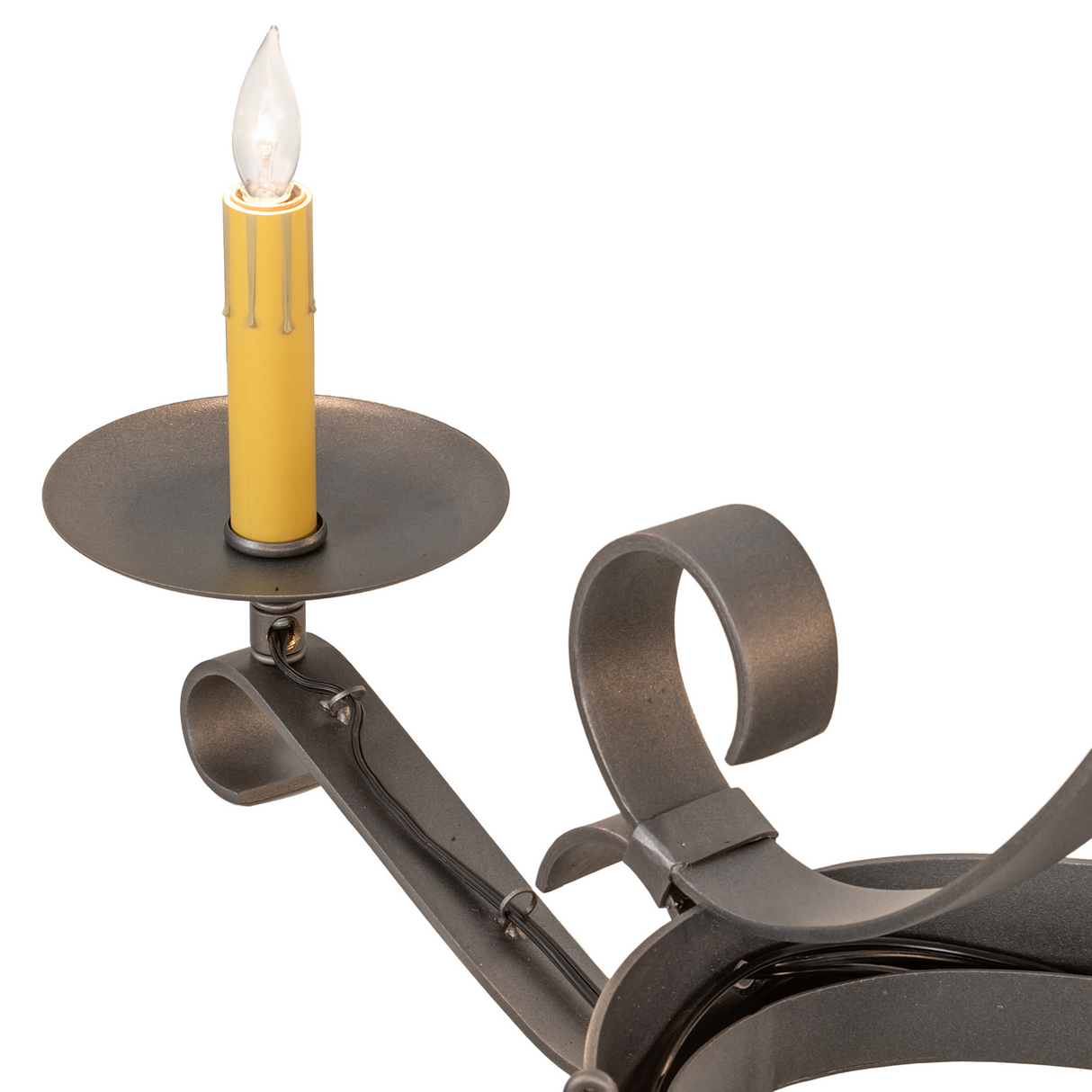 Candlelight detail of Laramie 8 light pot rack chandelier.
