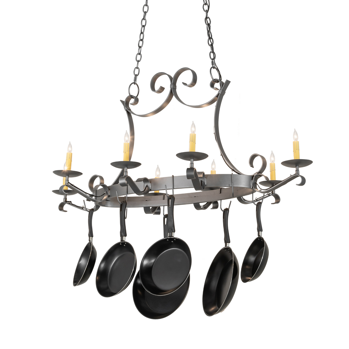 Front view of Laramie 8 light pot rack chandelier.