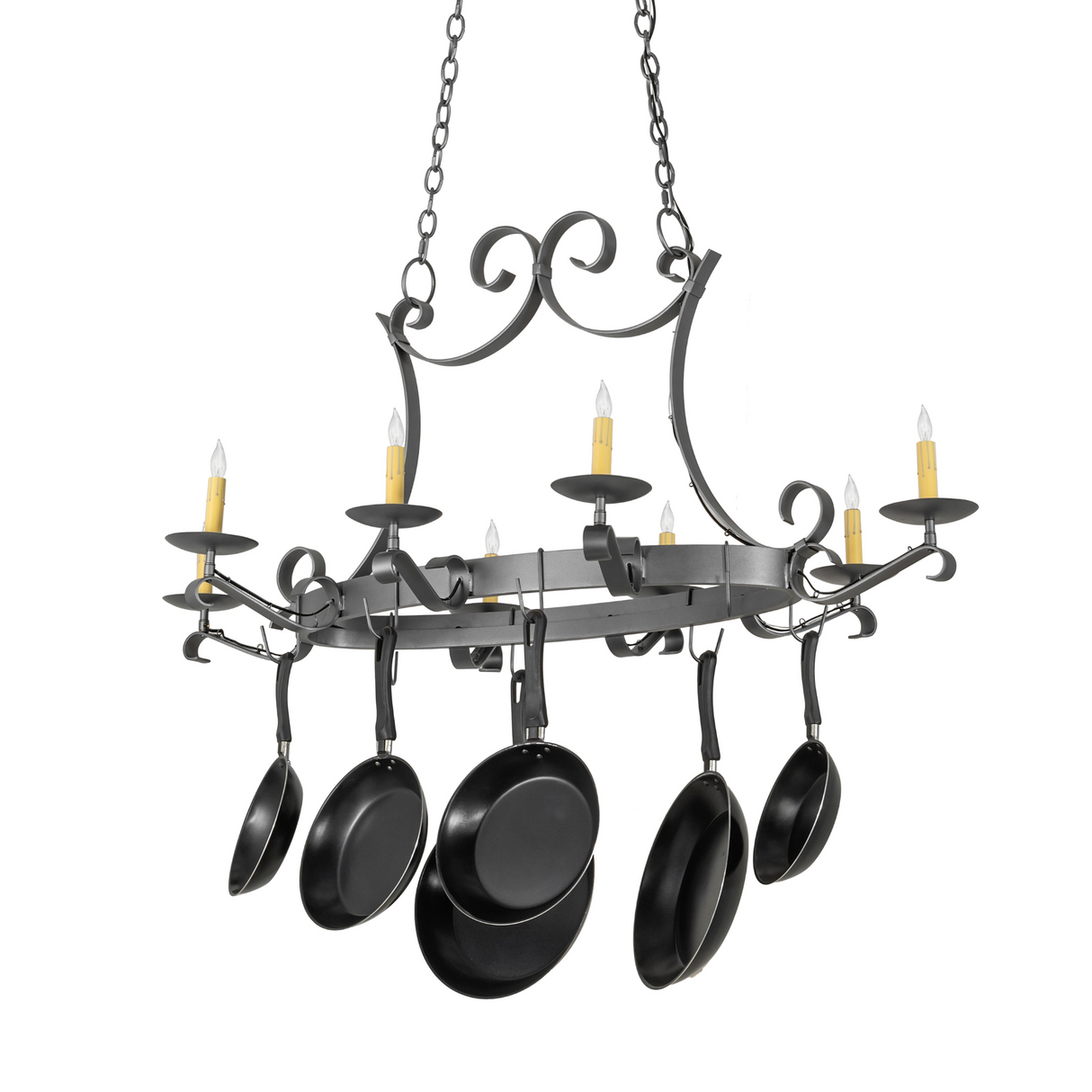 Front profile of Laramie 8 light chandelier unlit.
