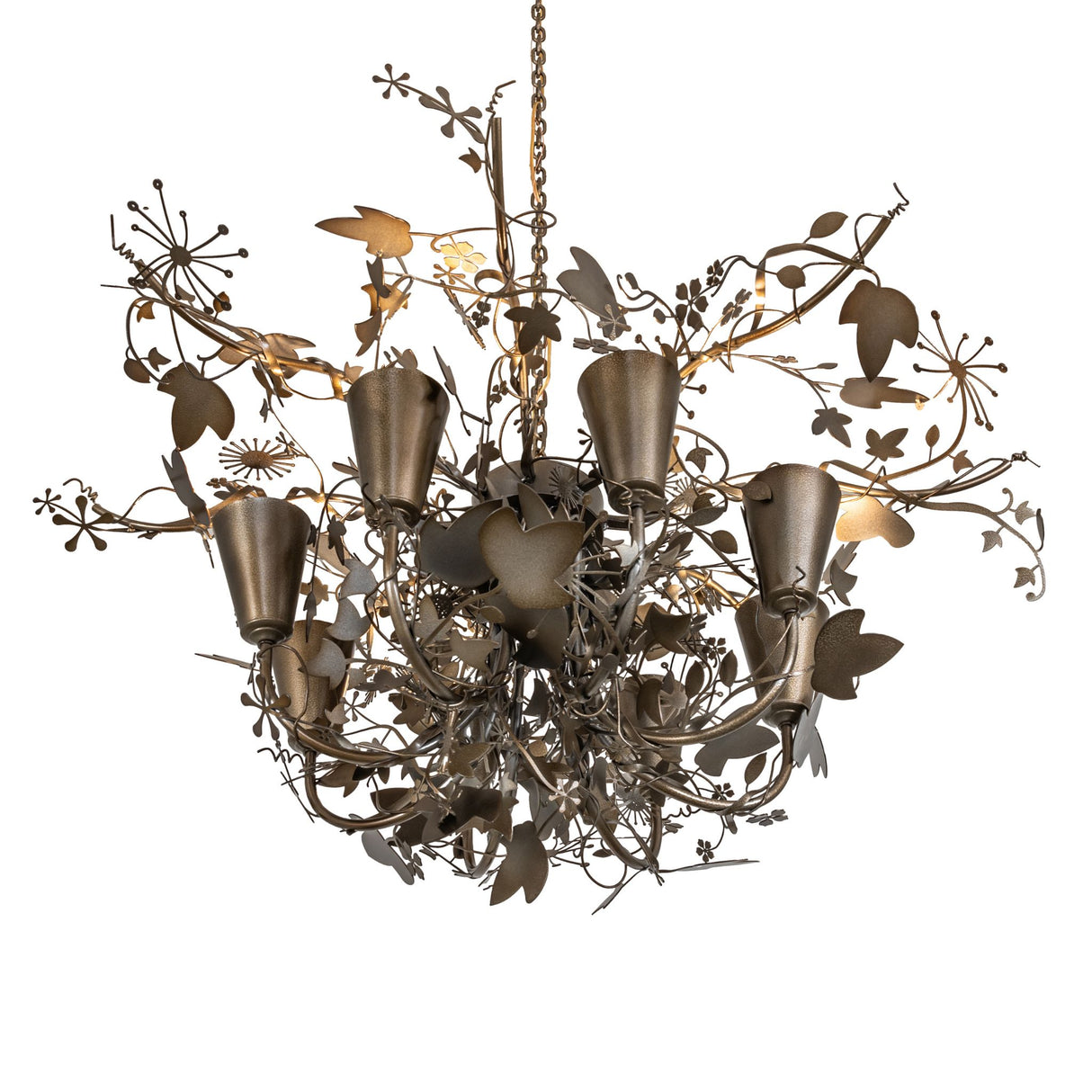 Bottom angle view of Lau Lau chandelier with layered branches.
