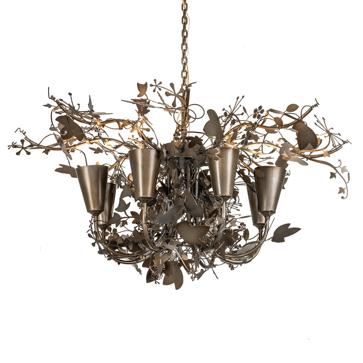 Lau Lau 8 light chandelier lit view with warm glow.