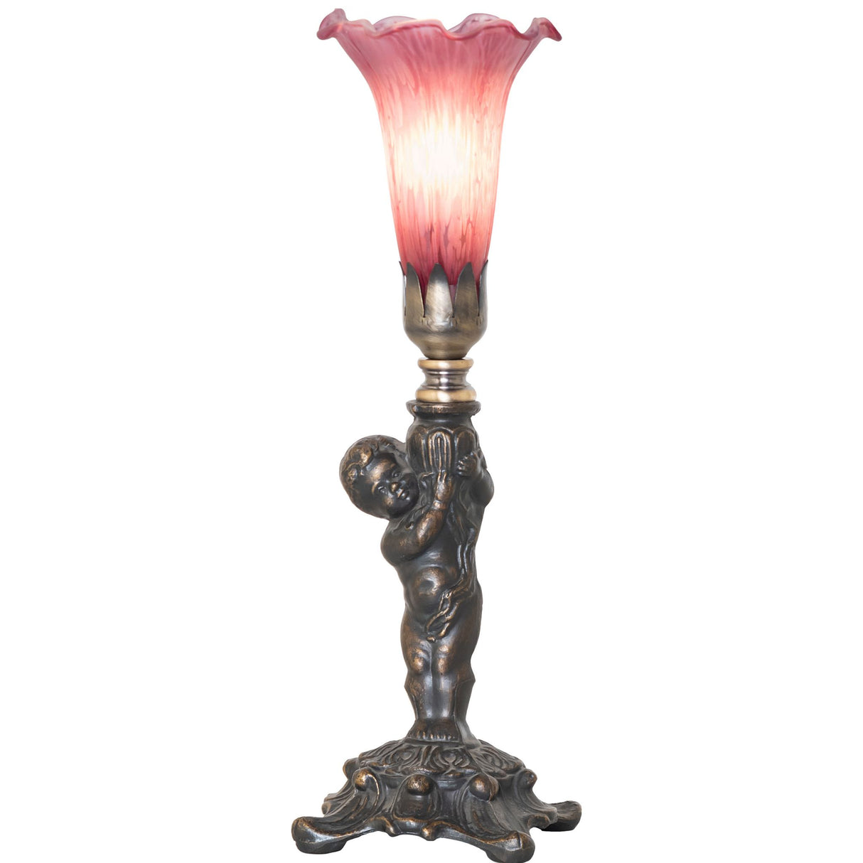 Lit view of Lavender pond lily cherub mini lamp.