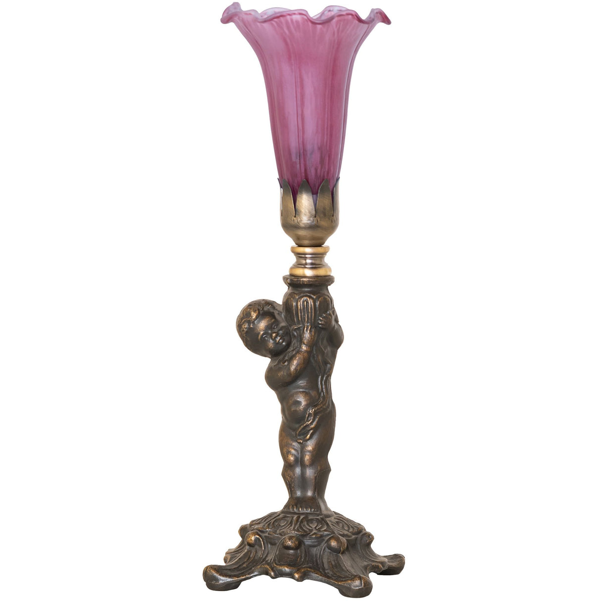 Unlit view of lavender pond lily glass mini lamp with ornate cherub base.
