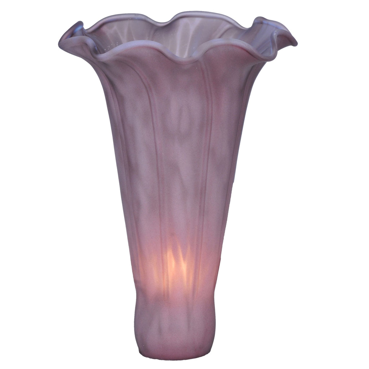 Lit view of lavender pond lily glass shade with fluted ruffled edge.