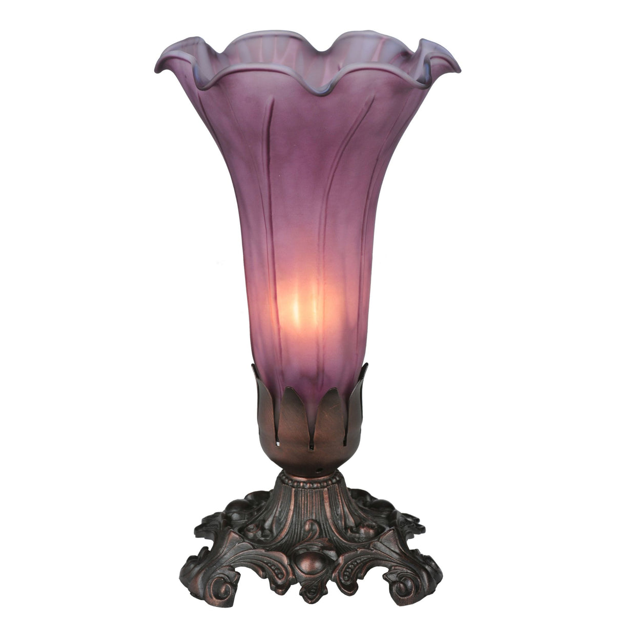 Side angle view of Lavender Pond Lily mini lamp displaying its delicate artistry.