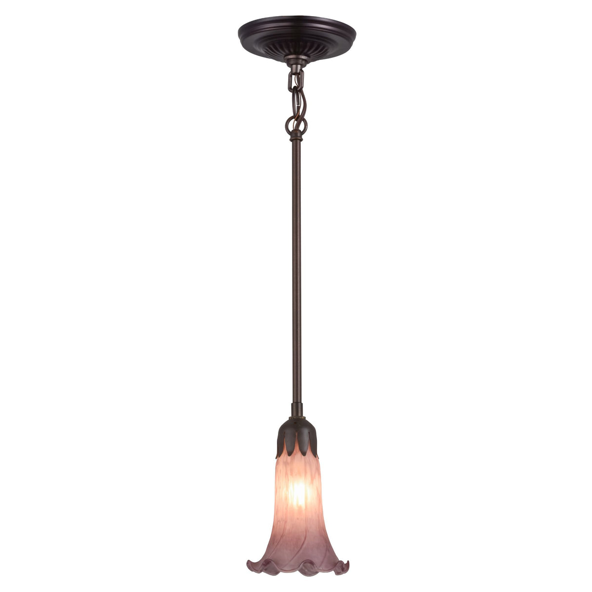 Lit view of the Lavender Pond Lily Mini Pendant casting a soft, warm glow.