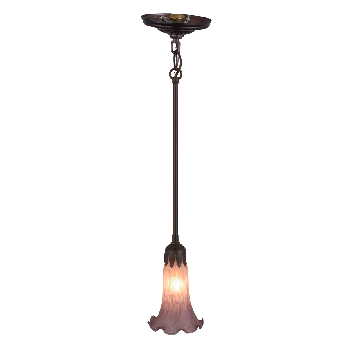 Top-down view of Lavender Pond Lily Mini Pendant with glowing light.