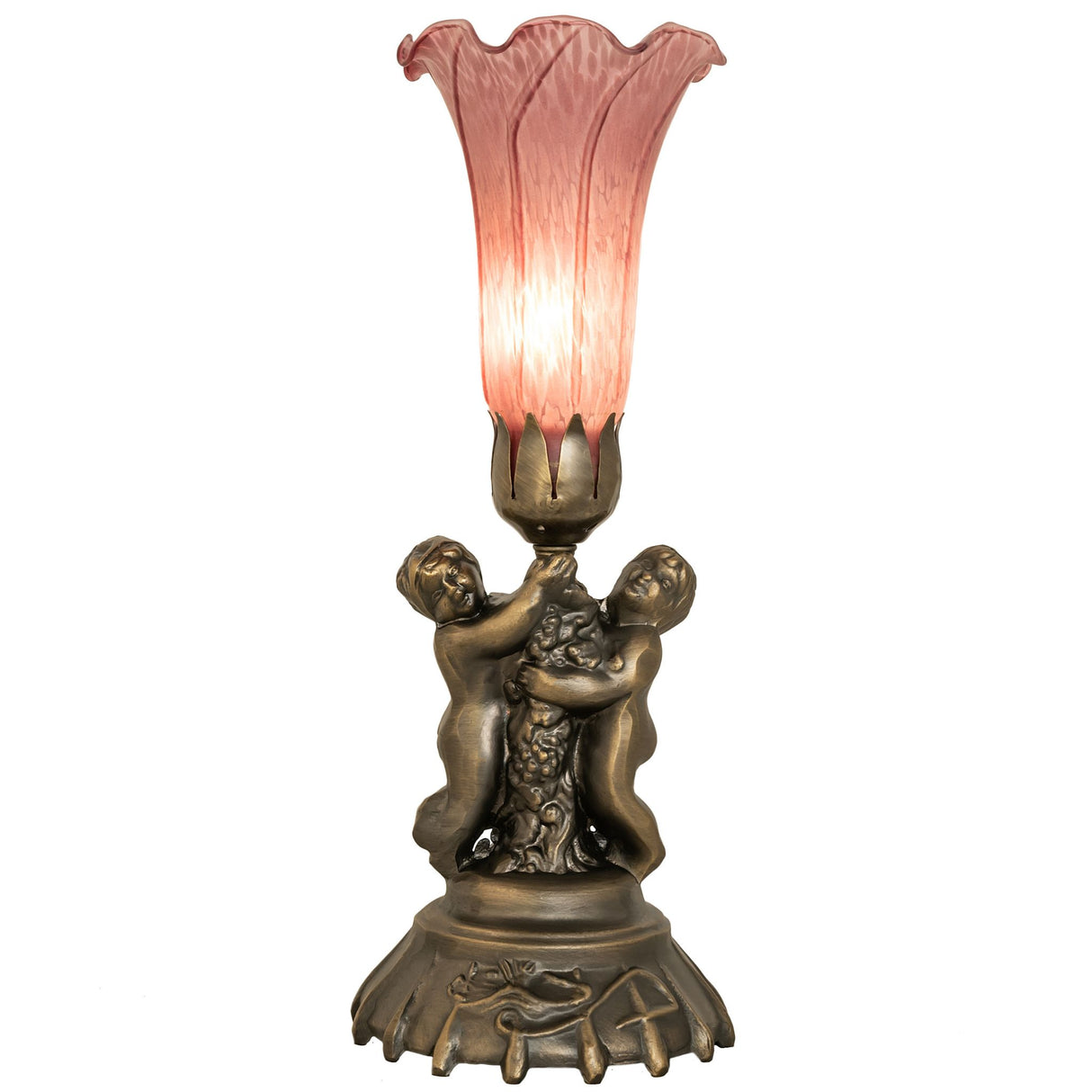 Front view of lavender pond lily twin cherub mini lamp.