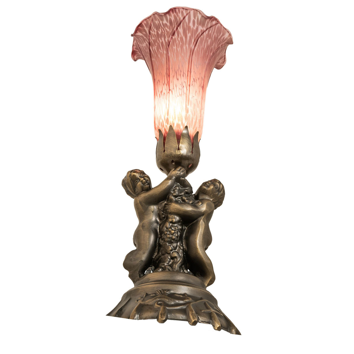 Lavender Pond Lily twin cherub mini lamp from bottom angle view.