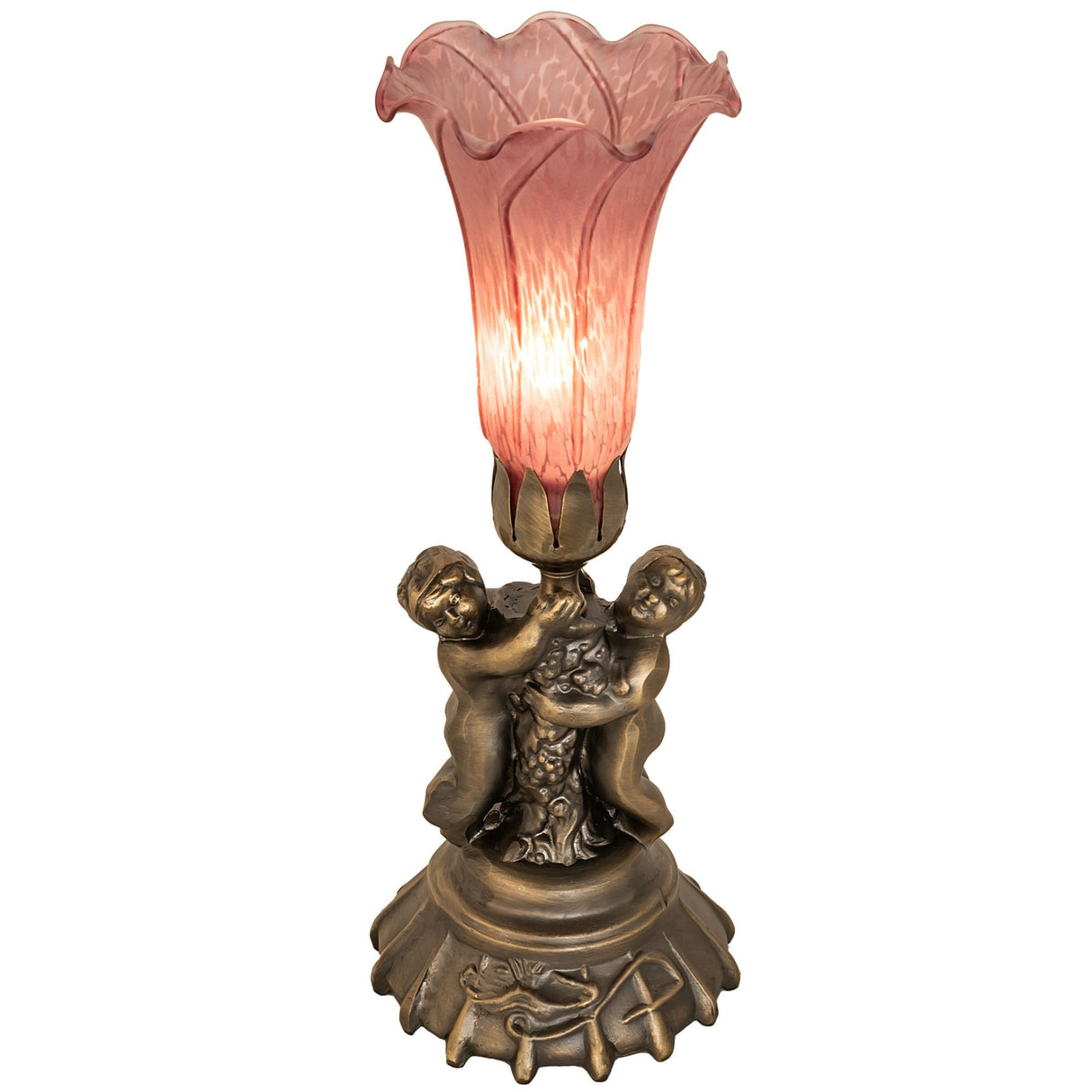 Lit view of lavender pond lily twin cherub mini lamp.