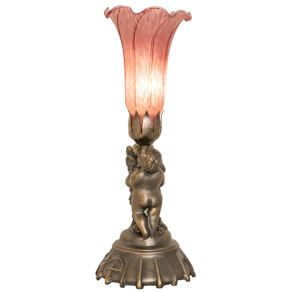 Side view of lavender pond lily twin cherub mini lamp with cherub base.