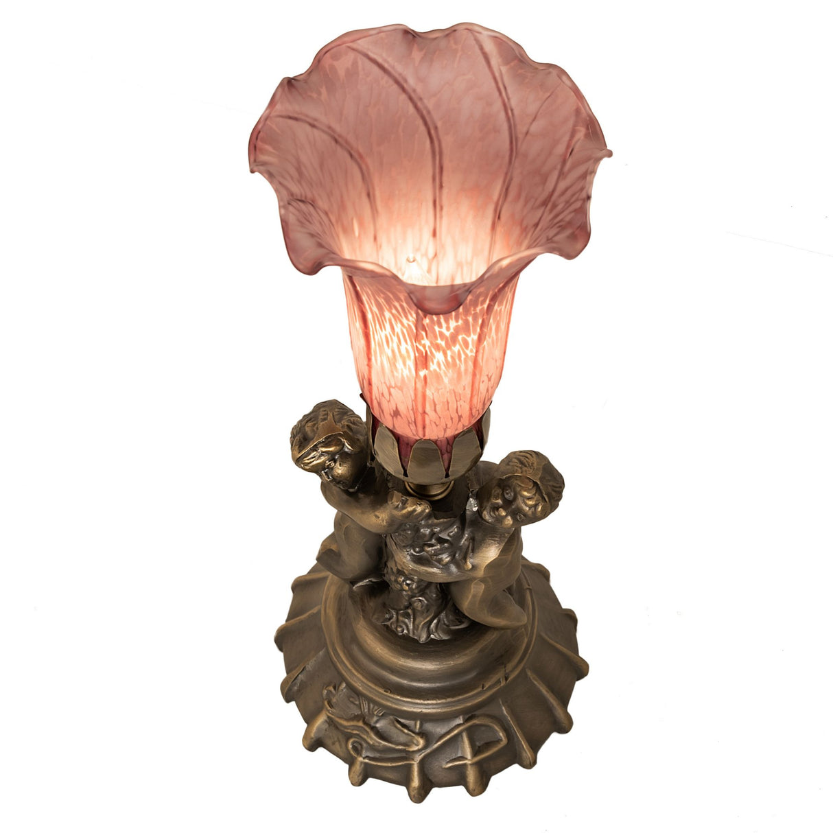 Top angle view of lavender pond lily twin cherub mini lamp.