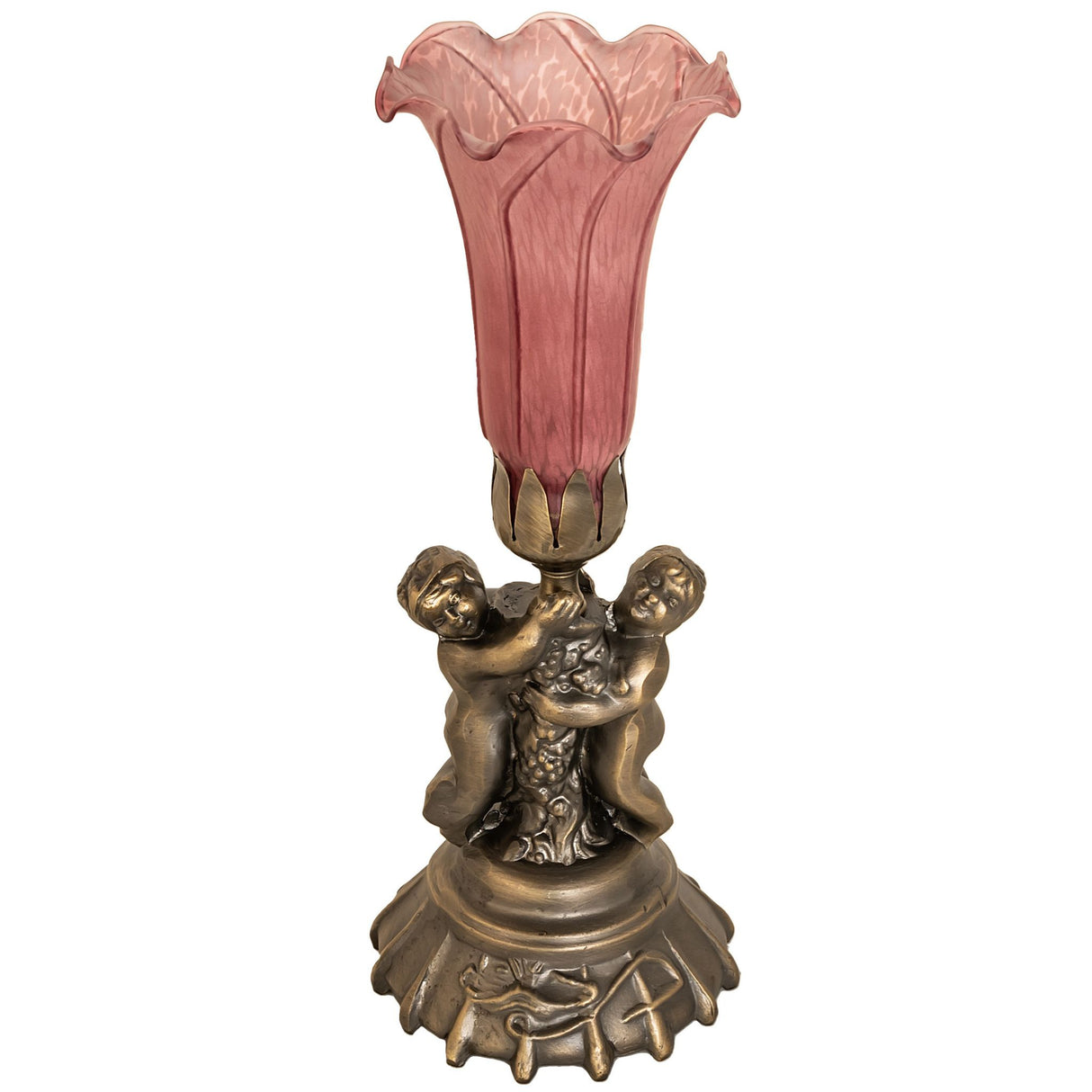 Unlit view of lavender pond lily twin cherub mini lamp.