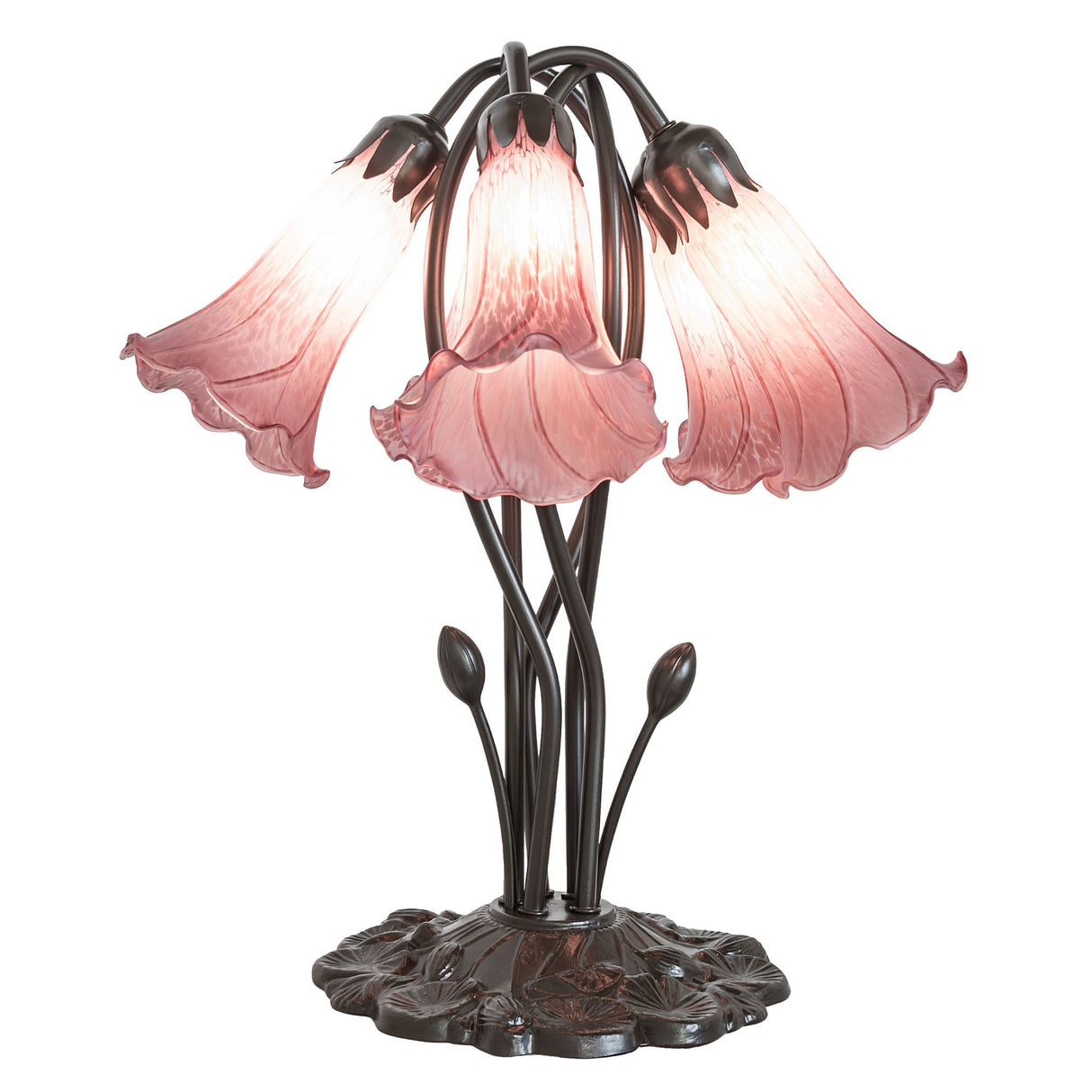 Artistic display of lavender glass shades on the pond lily lamp.