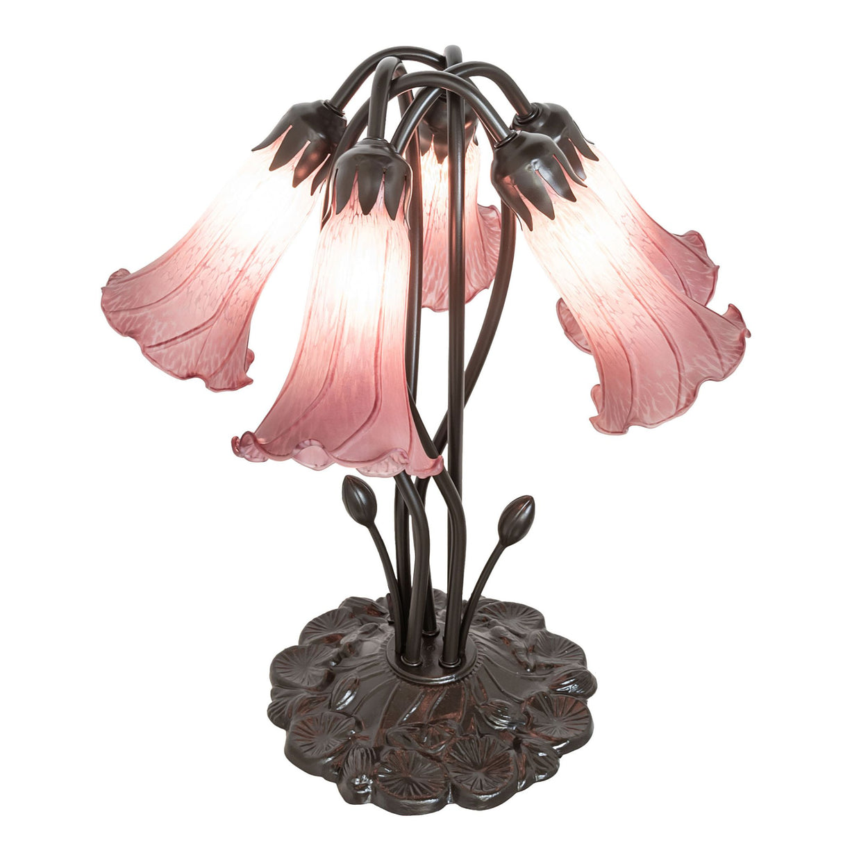 lavender tiffany pond lily lamp with glowing glass shades and intricate base design.