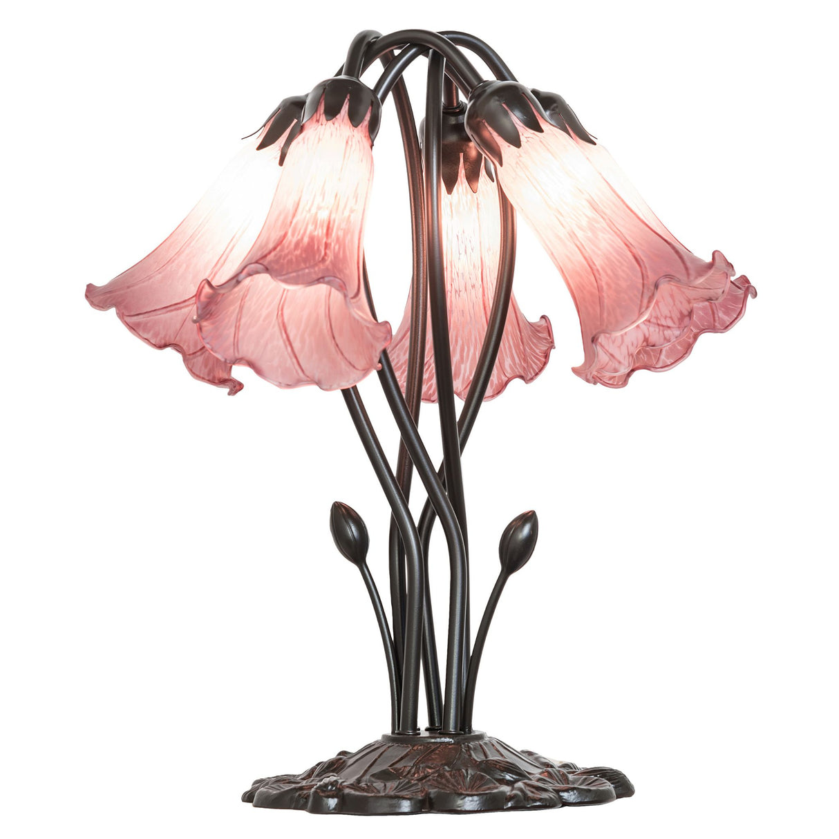 lavender tiffany pond lily lamp with five glowing lights.