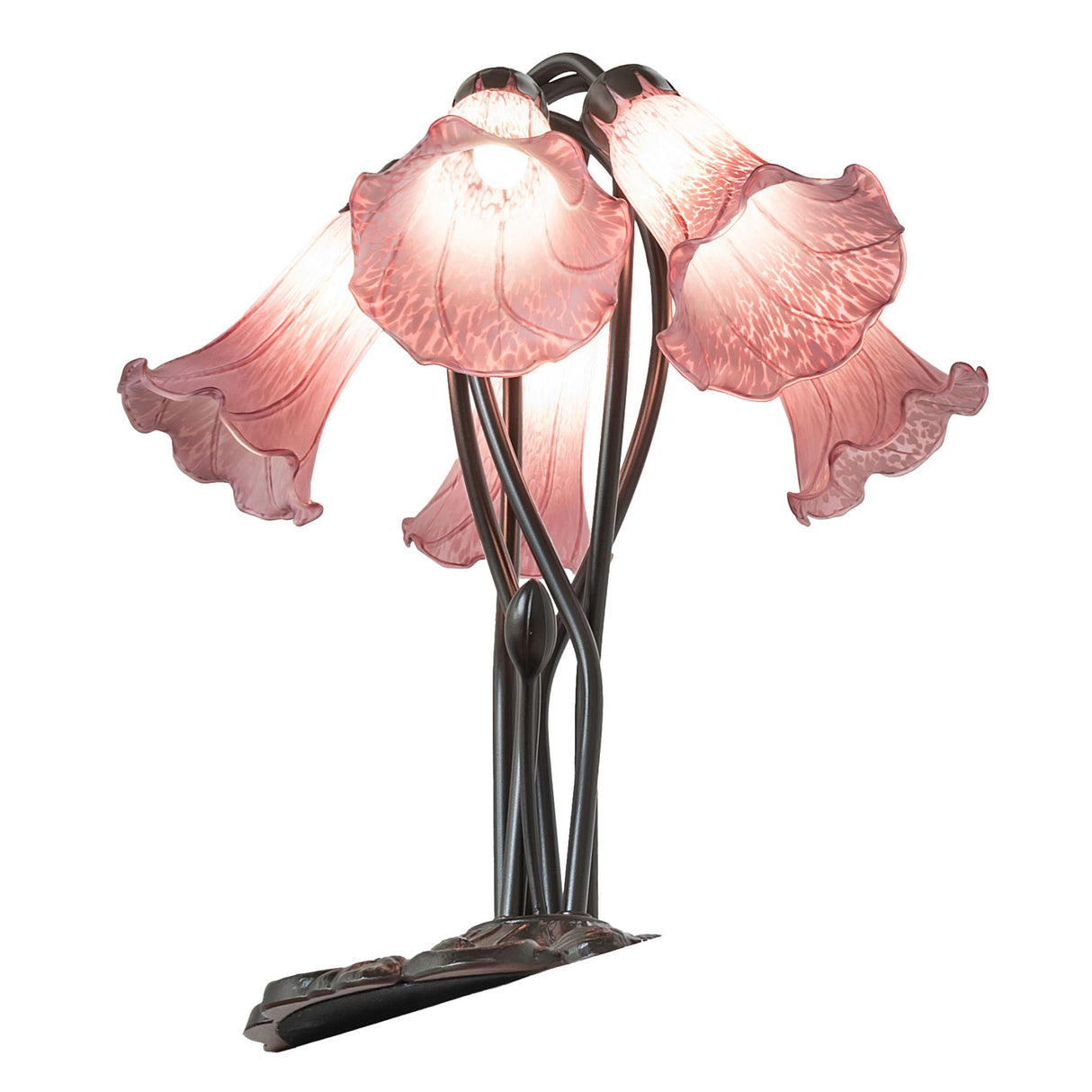Overhead view of lavender pond lily table lamp with intricate base.
