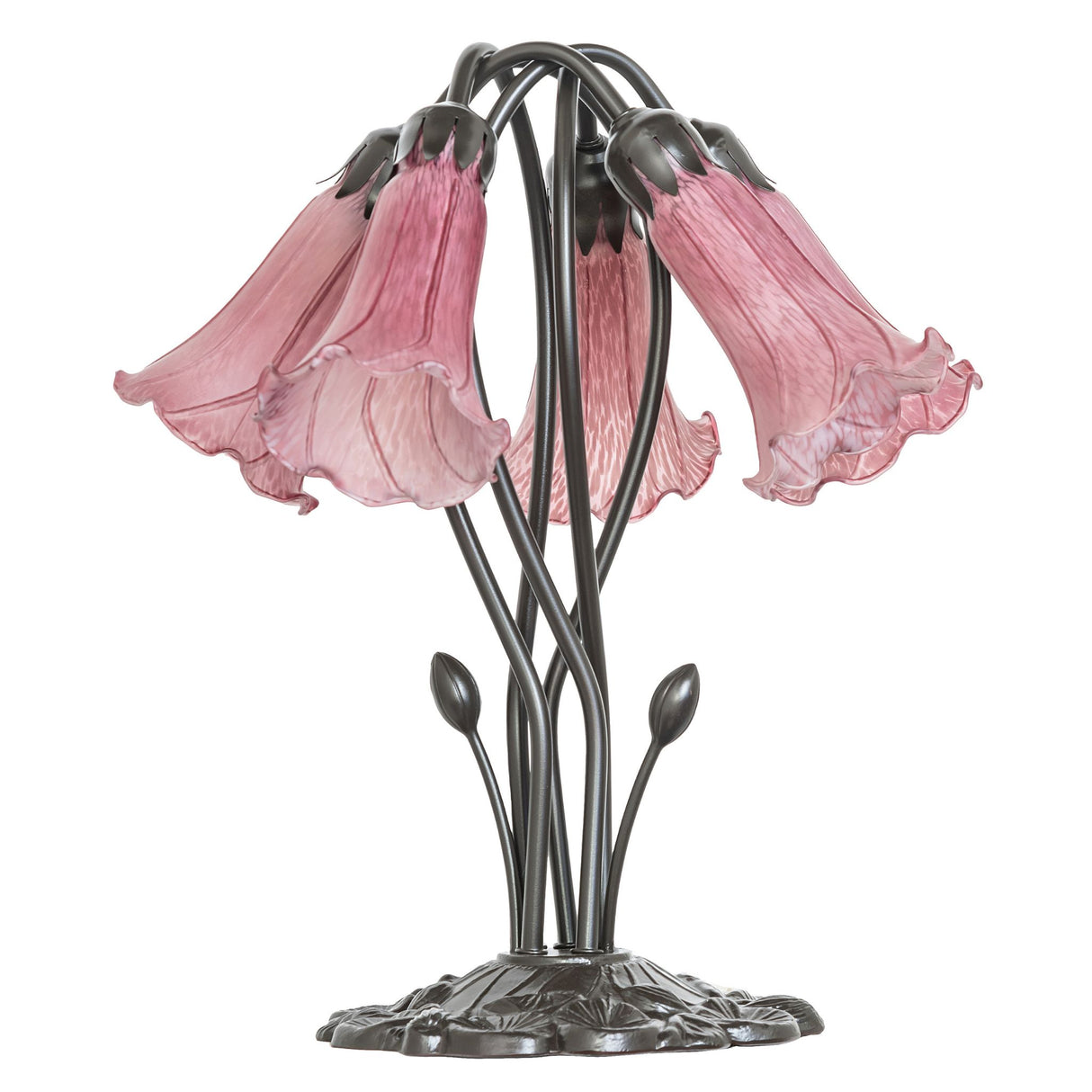 Side view of lavender pond lily lamp showcasing curved stems.