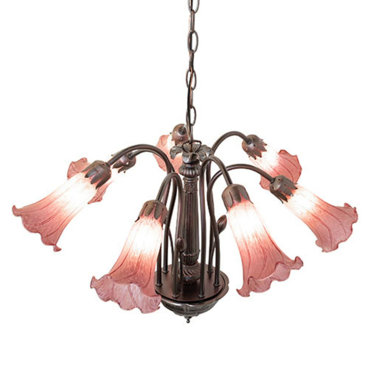 A stunning 24" wide Tiffany chandelier featuring seven lavender pond lily-shaped glass shades.