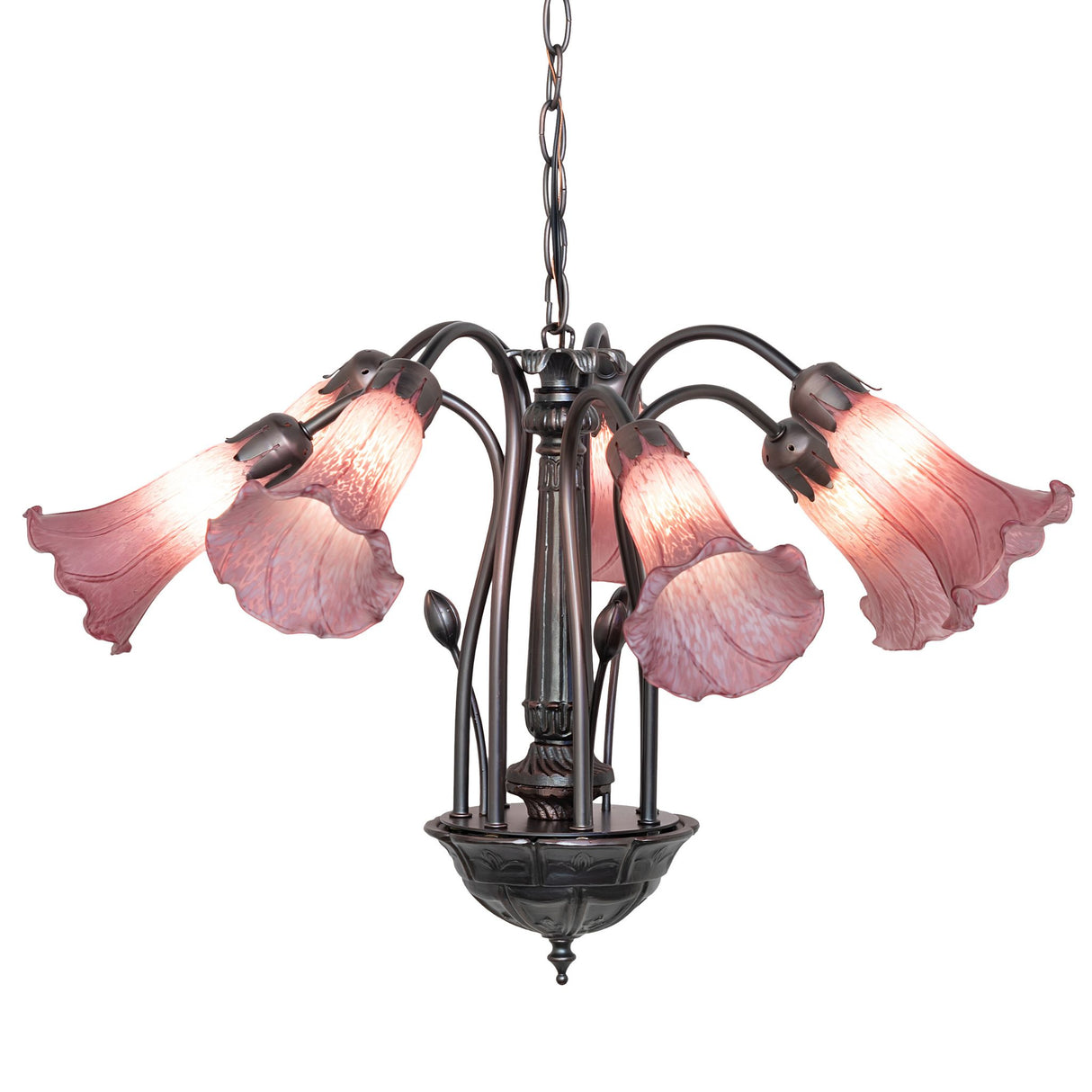 Lavender Tiffany chandelier with seven delicate lily-shaped glass shades and an elegant dark bronze metal frame.