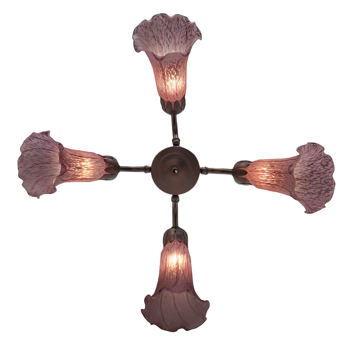 Bottom view of the illuminated Tiffany Pond Lily fan light with four glowing lavender shades.