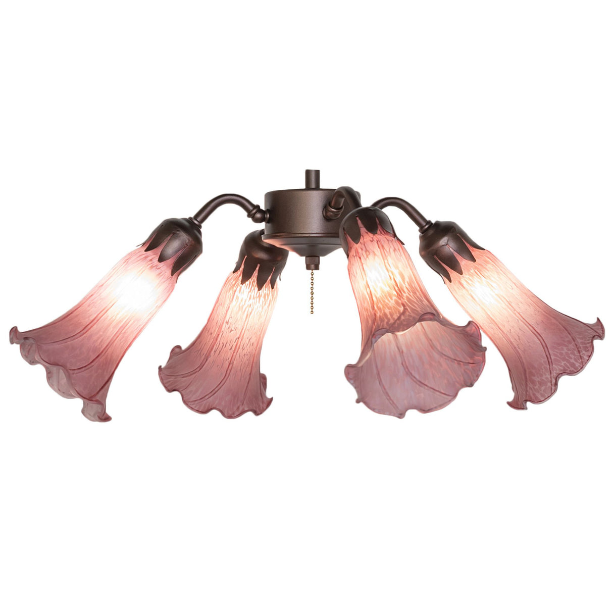 Lavender Tiffany Pond Lily fan light with four illuminated glass shades.