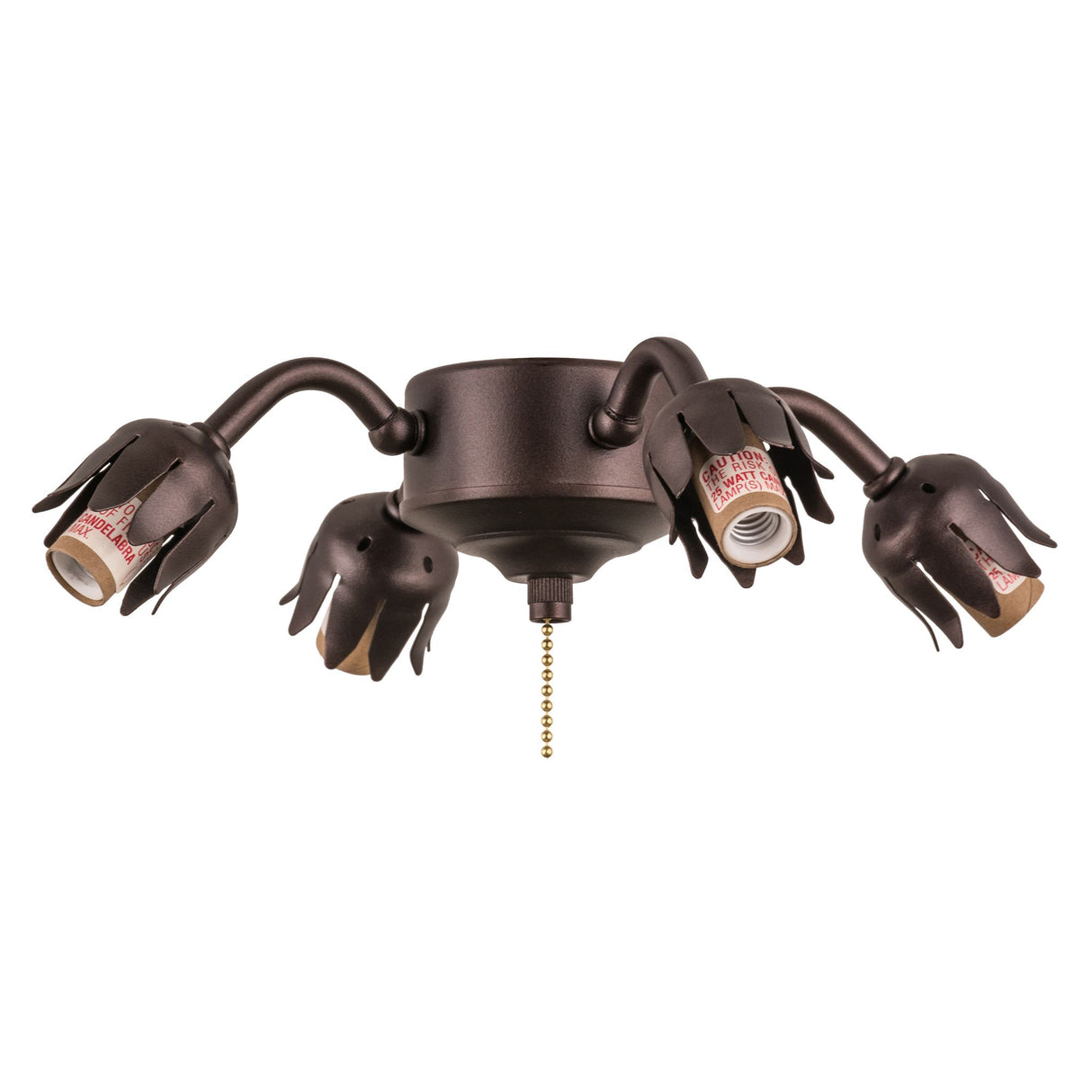 Fan light fixture without glass shades, revealing metal arms and sockets.