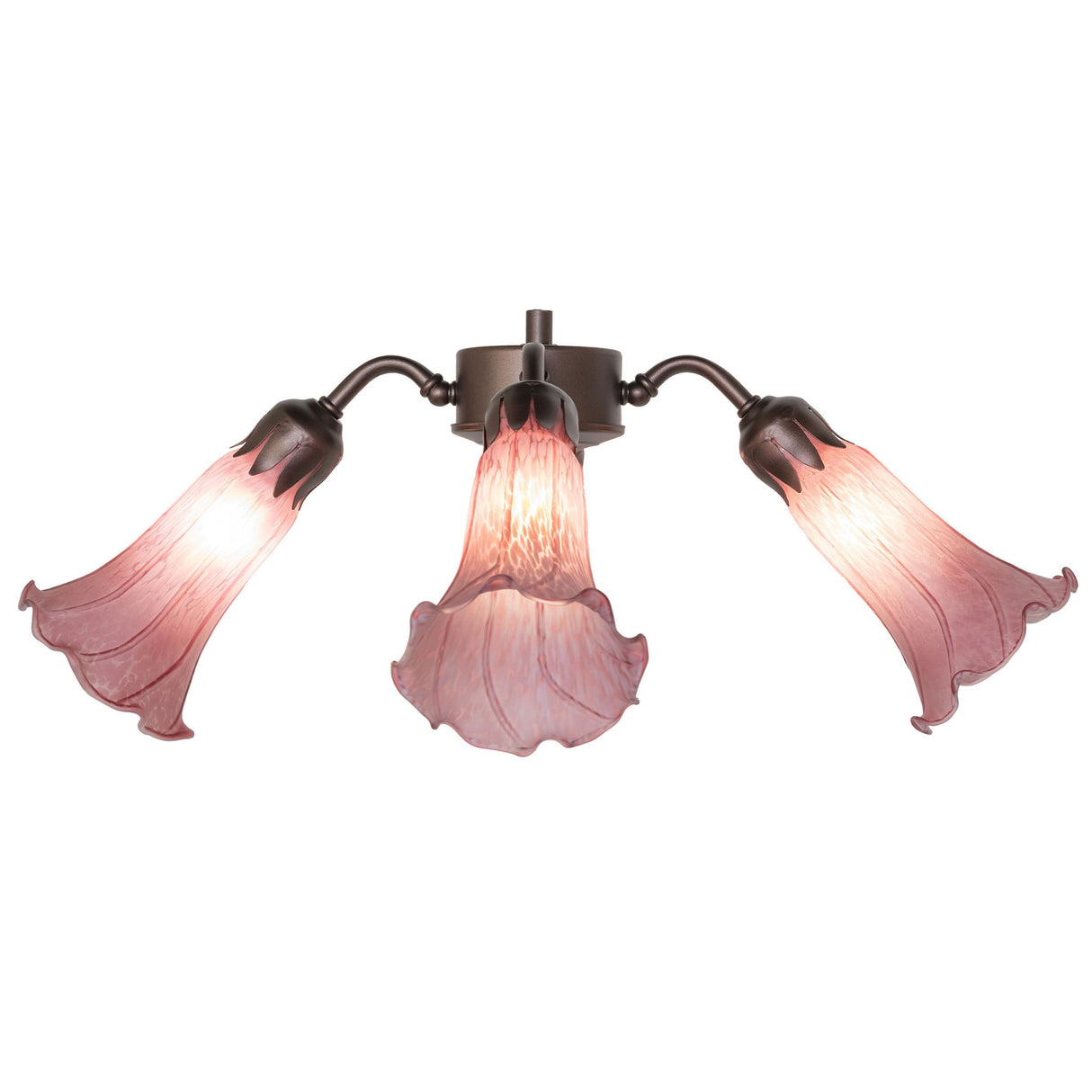 Three shades of the Tiffany Pond Lily fan light glowing warmly.