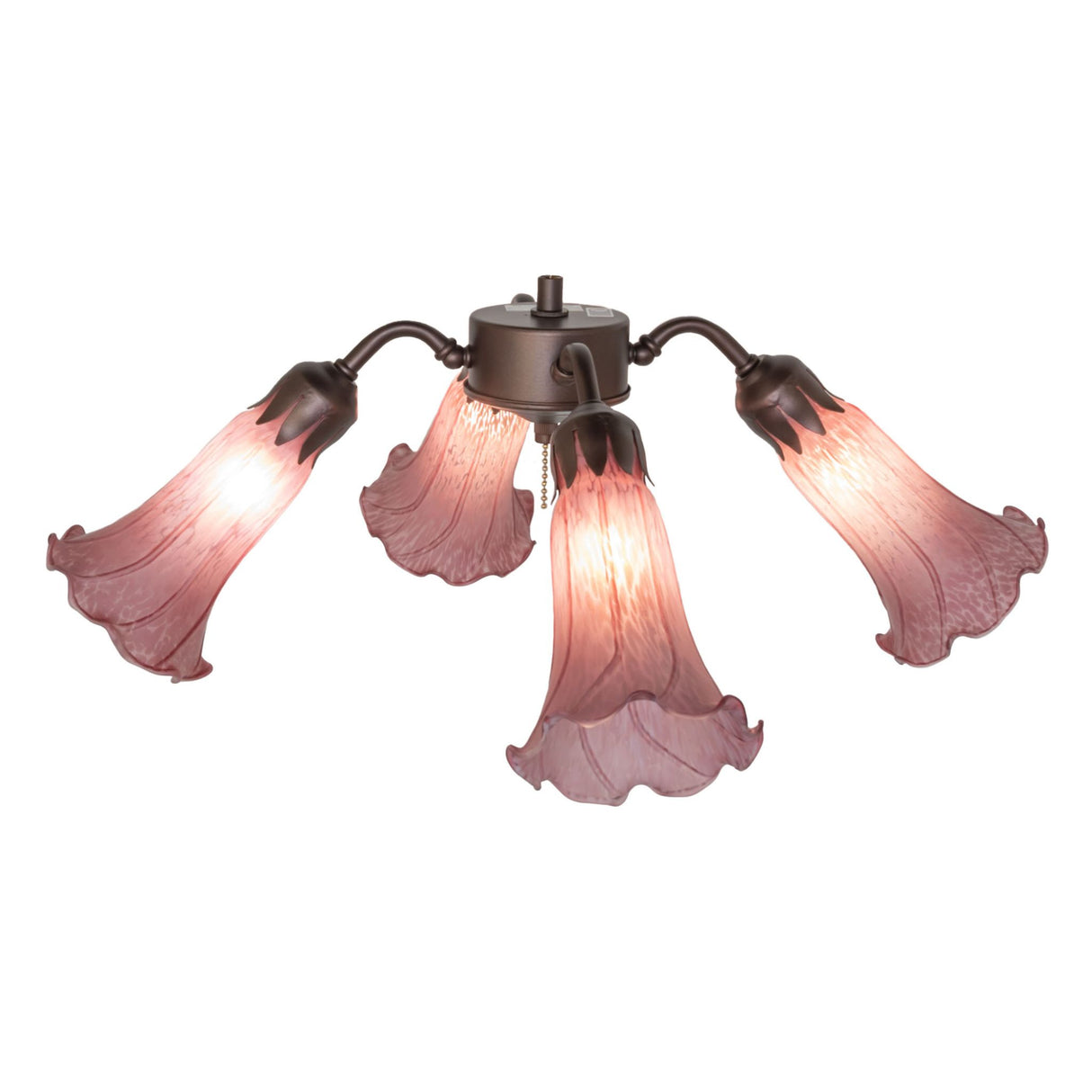 Top-down view of the Tiffany Pond Lily fan light with lights on.