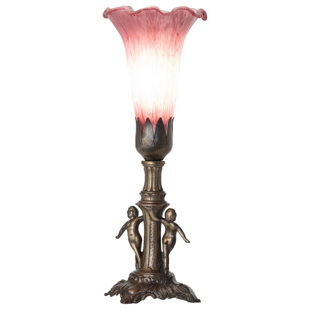 Lit view of the Lavender Tiffany Pond Lily Maidens Mini Lamp with an antique brass base.
