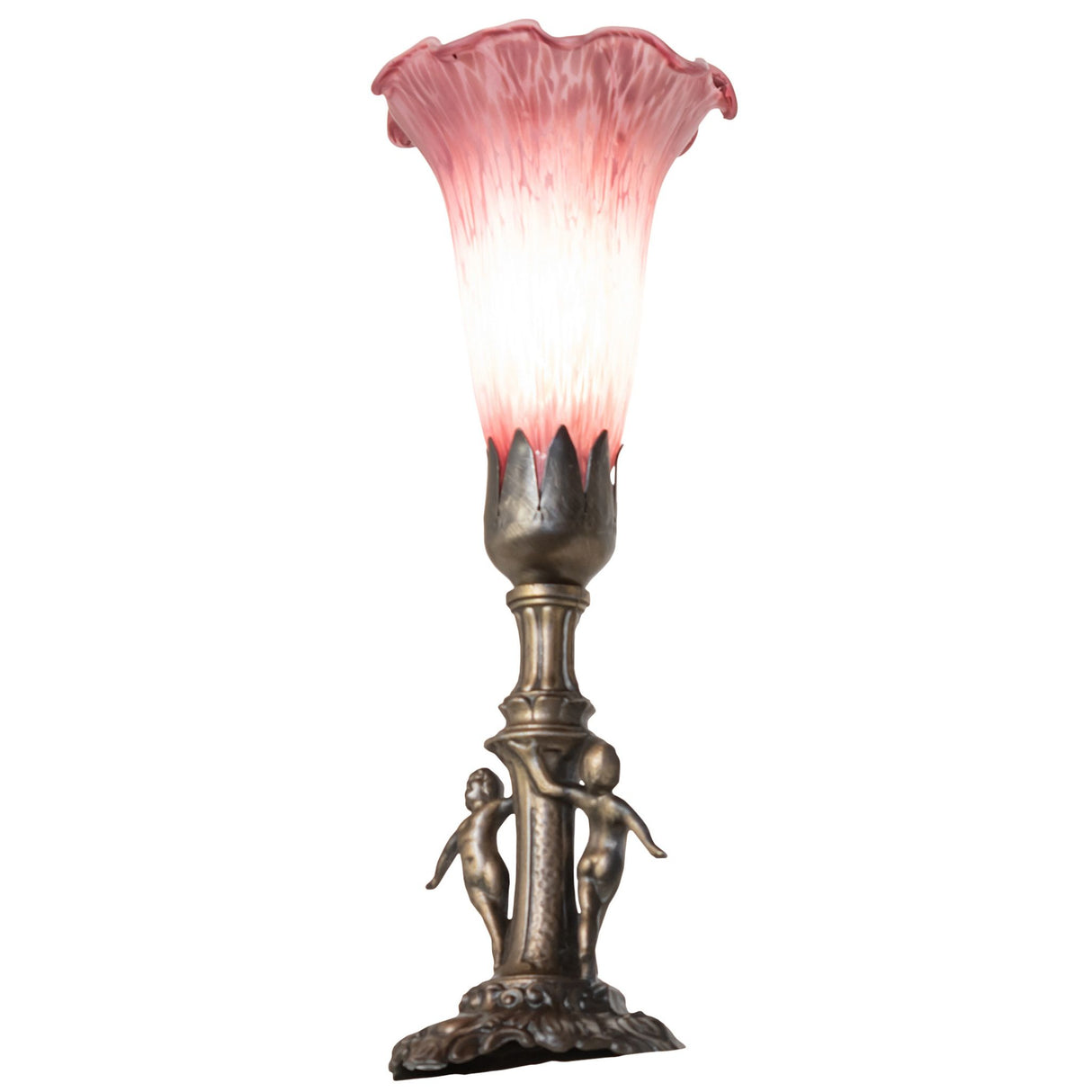 Angled view of the Lavender Tiffany Pond Lily Maidens Mini Lamp displaying intricate glasswork.