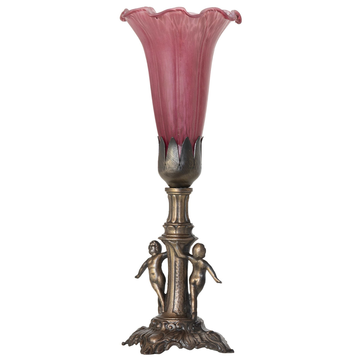 Unlit view of the Lavender Tiffany Pond Lily Maidens Mini Lamp showcasing its detailed brass base.