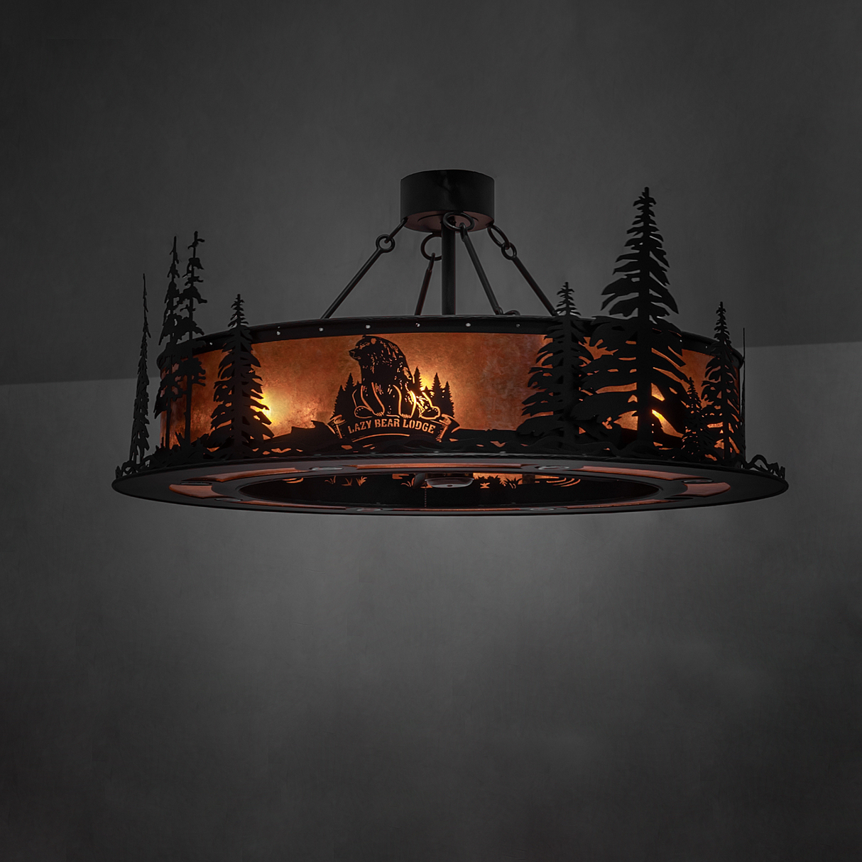 Ambient room view of Lazy Bear Lodge chandelier fan in warm lighting.