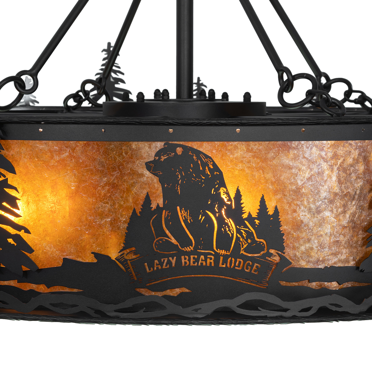 Close-up of Lazy Bear Lodge logo etched on amber mica diffuser.
