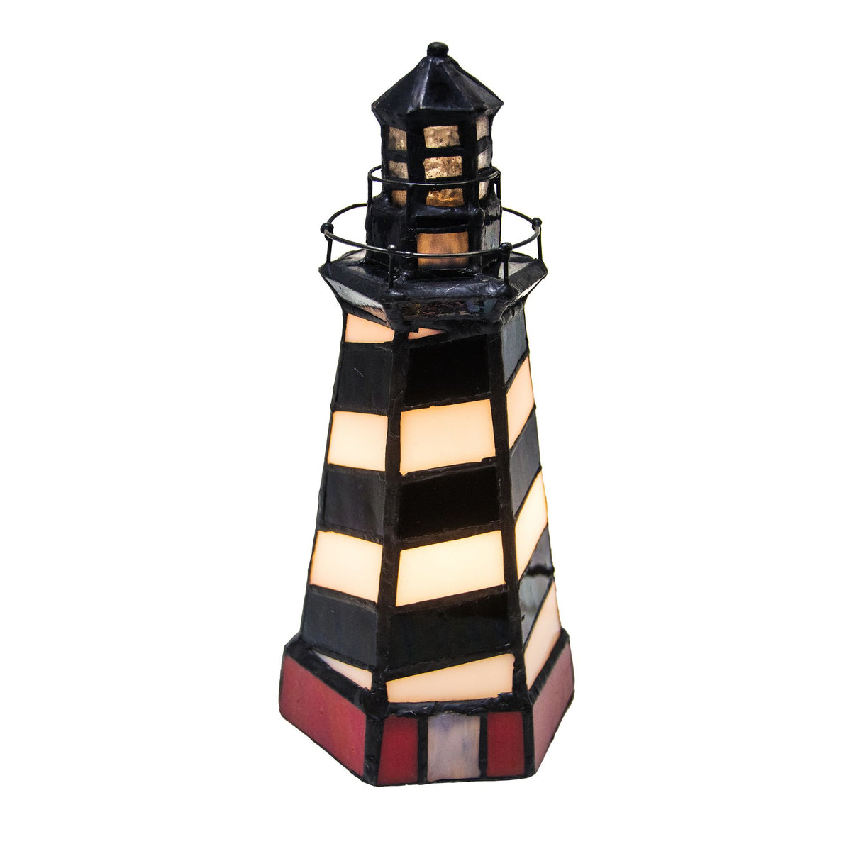 A lighthouse on cape hatteras accent lamp with stained glass details.
