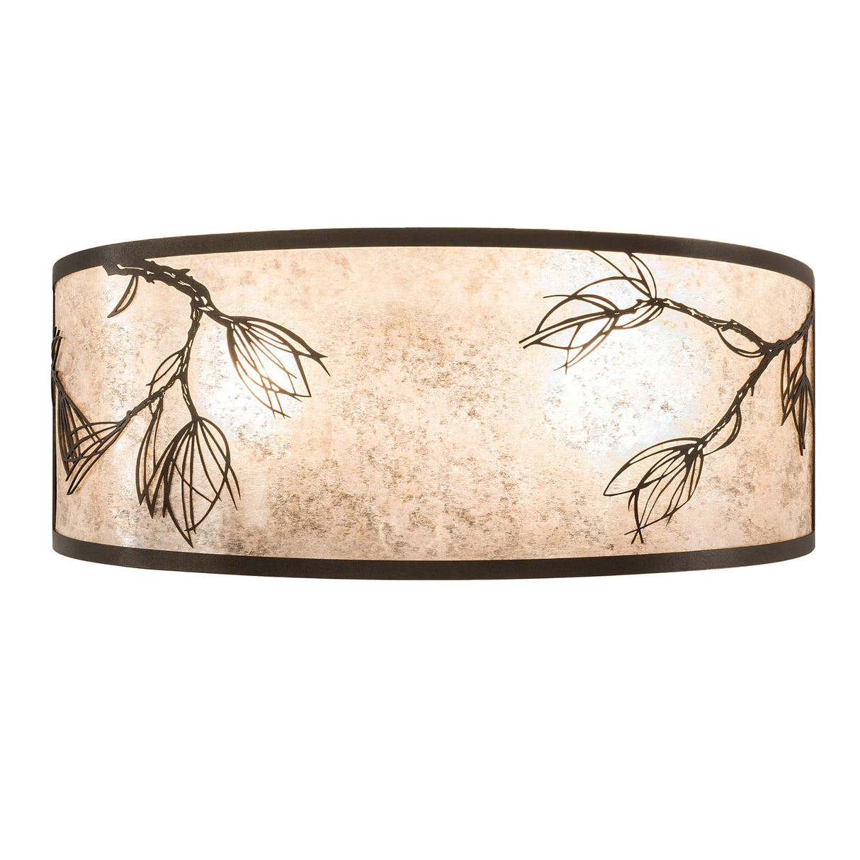 Front view of the Lone Pine Vanity Light with pine branch design and mica diffuser.