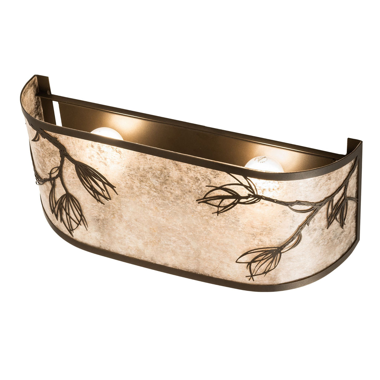 Illuminated front view of the Lone Pine Vanity Light showcasing its warm glow.