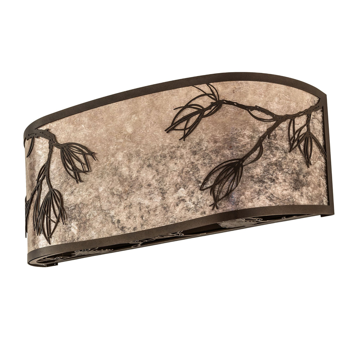 Side view of the Lone Pine Vanity Light showcasing its intricate pine branch details on a mica diffuser.