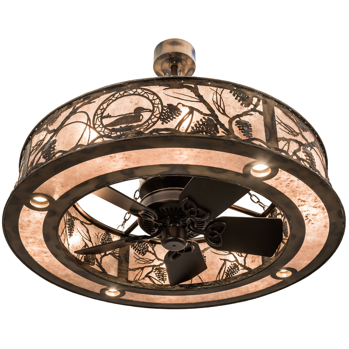 Bottom angled lit view highlighting fan blades and mica ring illumination.